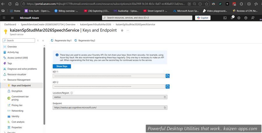 Speech Service Keys and Endpoint