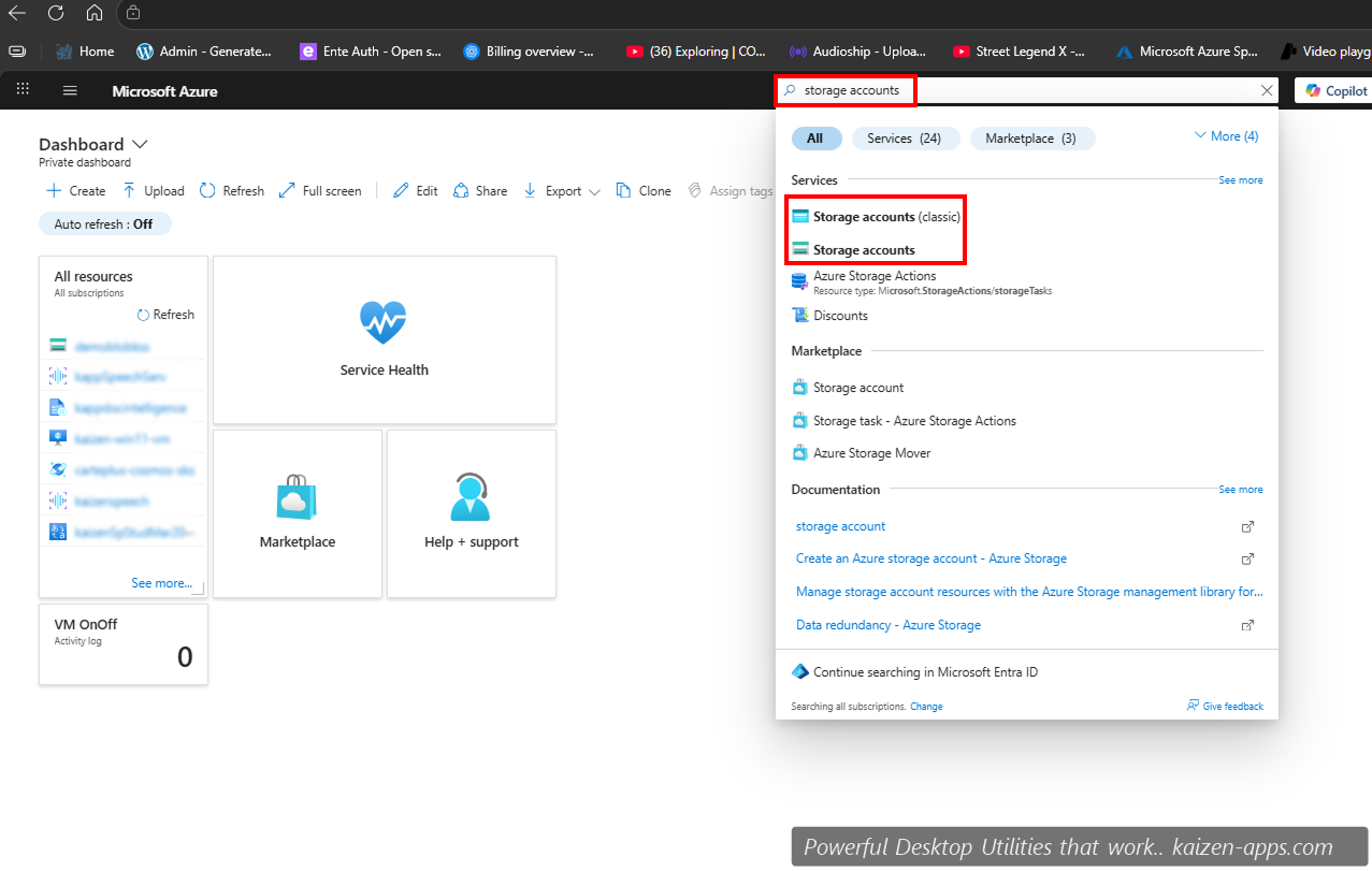 Azure portal search with Storage accounts in dropdown