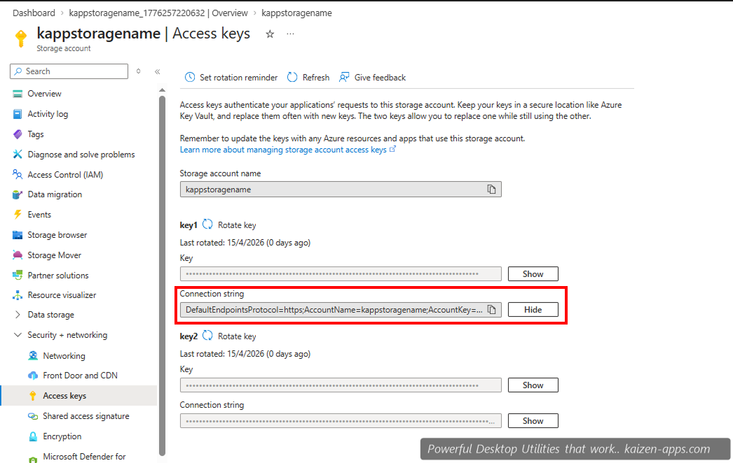Access Keys panel with Connection String field