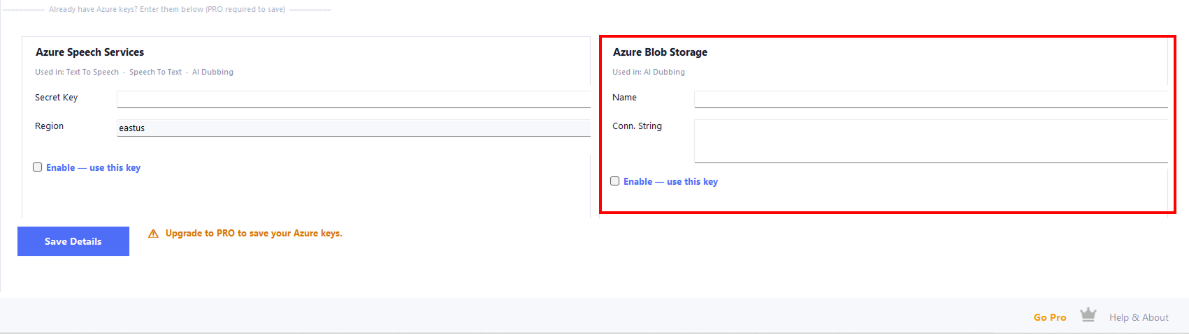 Speech Studio Azure tab with Blob Storage fields
