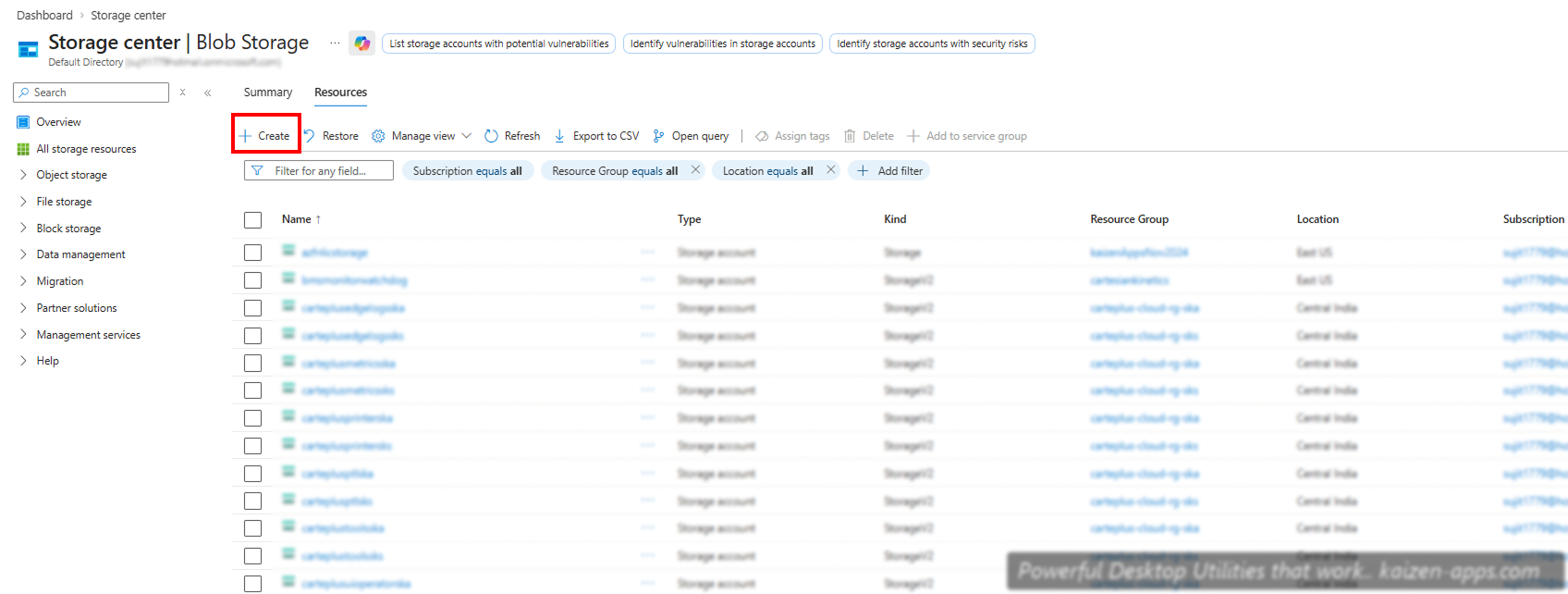 Storage accounts page with Create button
