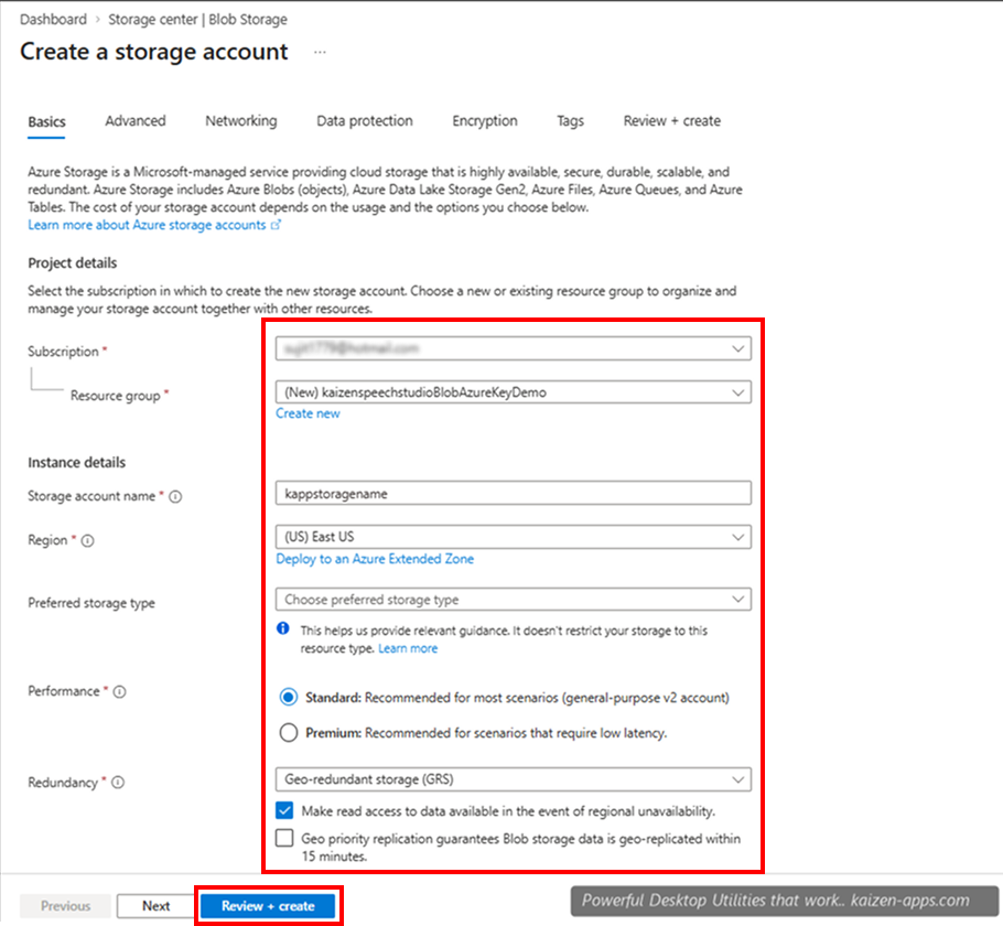 Storage account create form