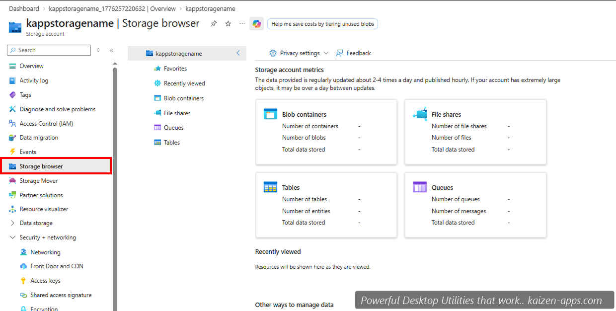 Storage account sidebar with Storage Browser highlighted