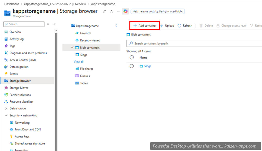 Add Container button in Blob Containers view