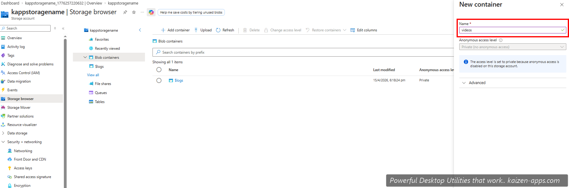 New Container dialog with name set to videos