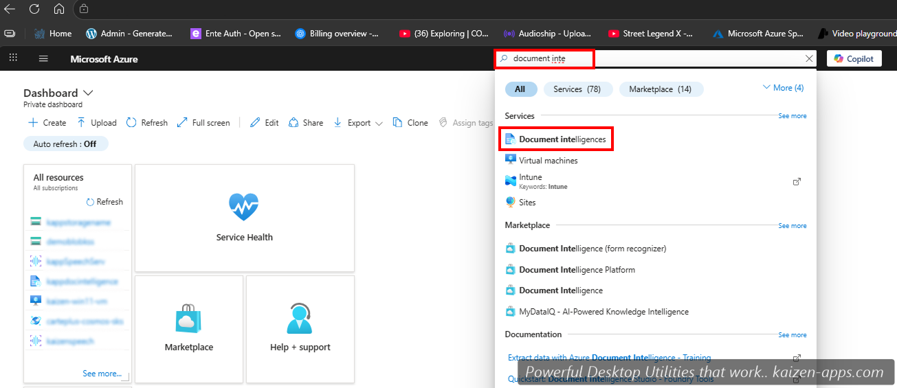 Azure portal with Document Intelligence highlighted in the top search dropdown