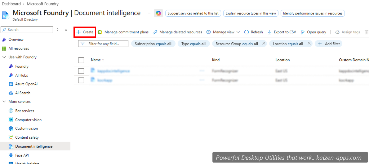 Azure Document Intelligence marketplace page with Create button visible