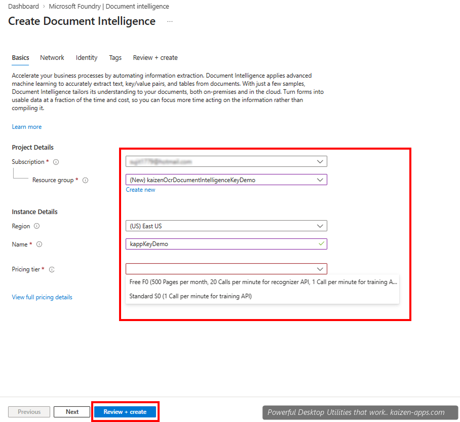 Document Intelligence create form with subscription, resource group, region, name, and pricing tier fields