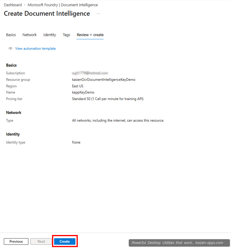 Azure review and create page for Document Intelligence, showing the Create button
