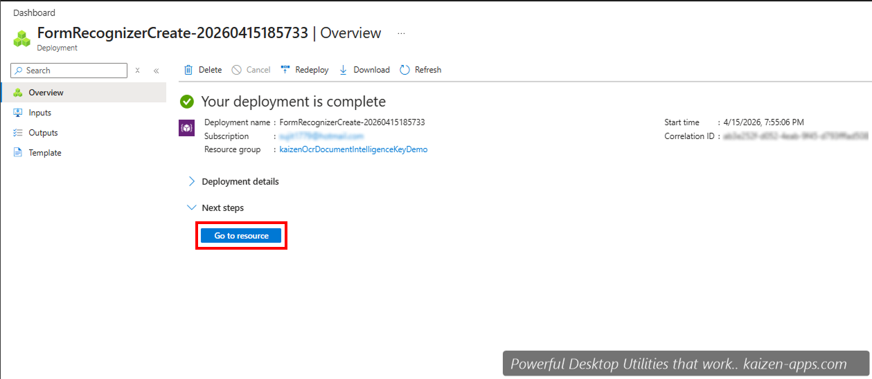 Azure deployment complete screen with Go to resource button highlighted
