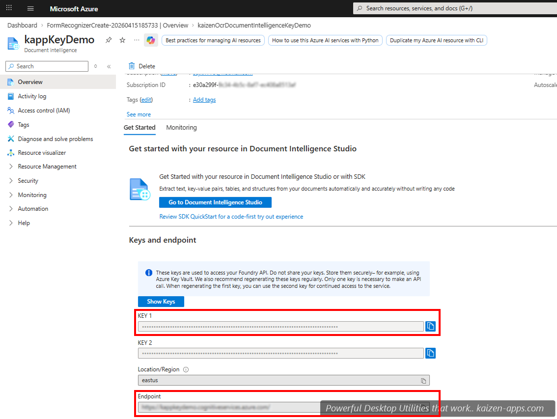 Azure Keys and Endpoint panel showing KEY 1, KEY 2, and Endpoint with copy icons