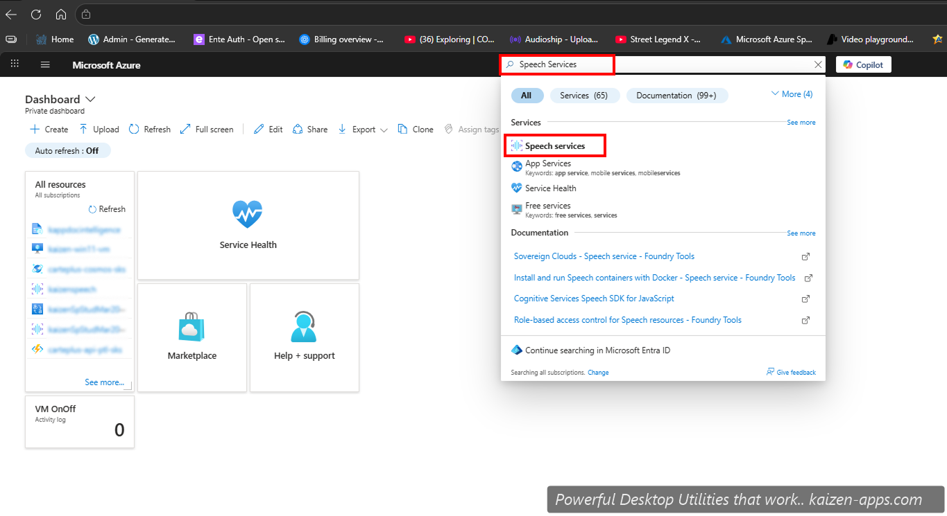 Azure portal with Speech Service highlighted in the search dropdown