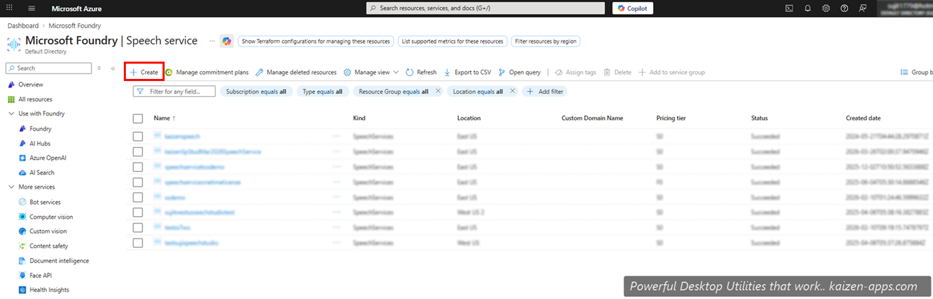 Speech Service marketplace page with Create button