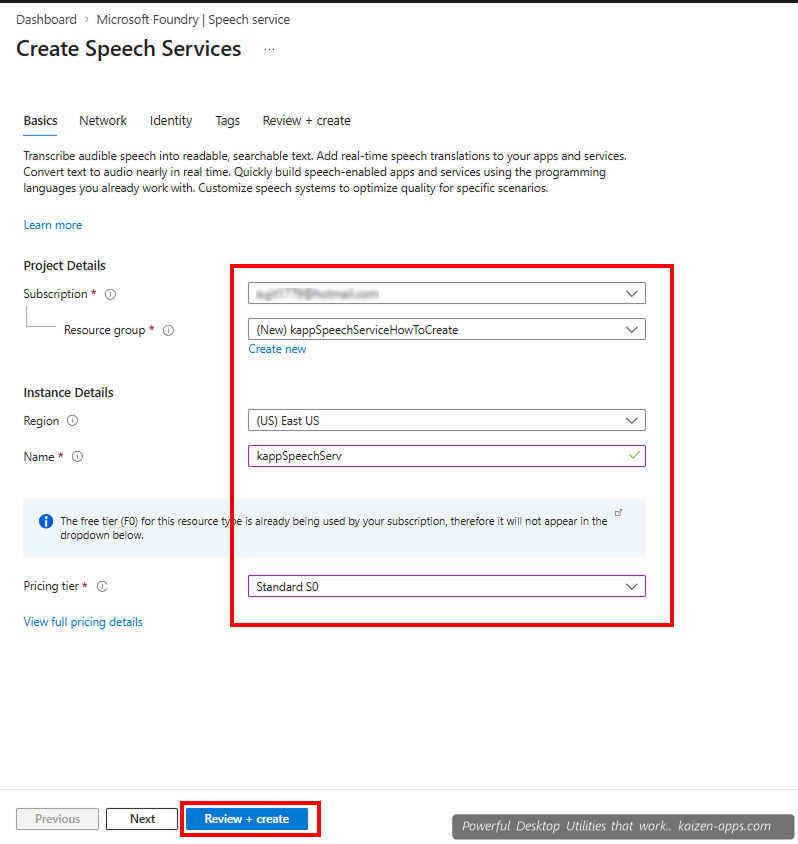 Speech Service create form with region set to East US