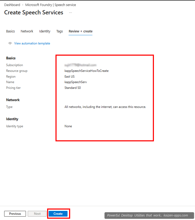 Review and create page with Create button
