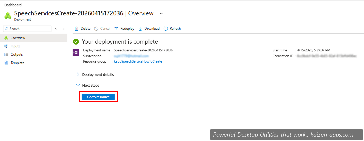 Deployment complete screen with Go to resource button