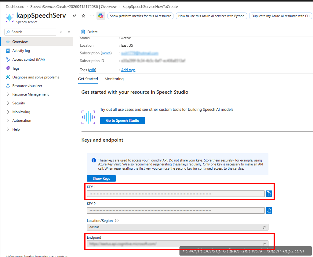 Keys and Endpoint panel with KEY 1 and Endpoint fields