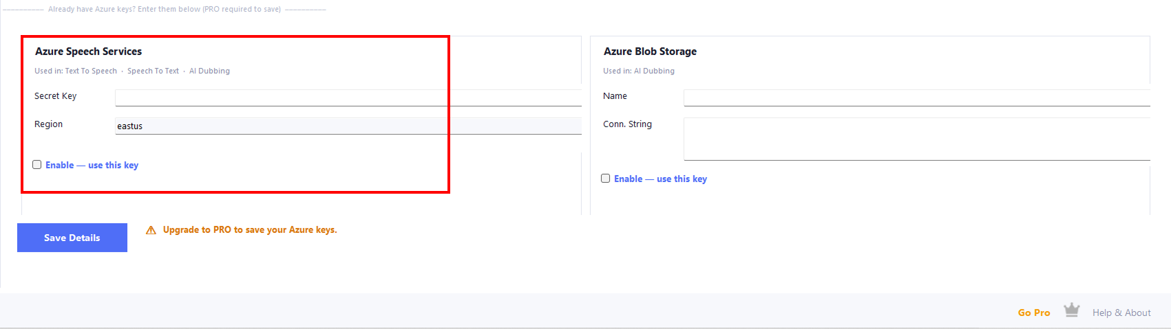 Speech Studio Azure tab with Secret Key field and Enable checkbox