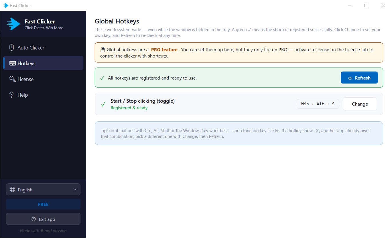 Kaizen Fast Clicker Global Hotkeys screen showing the Win+Alt+S start/stop toggle registered and ready, with a Change button to rebind it