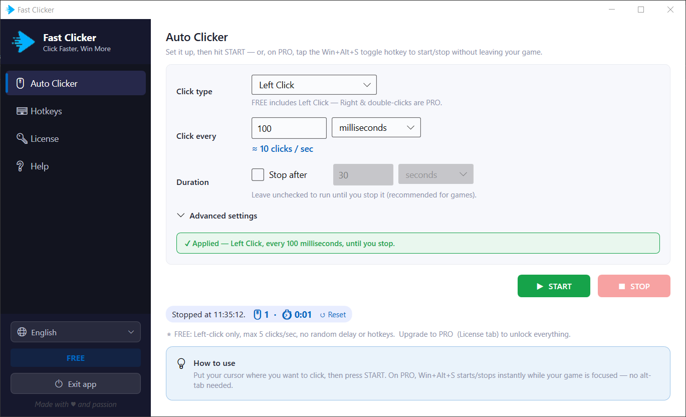 Kaizen Fast Clicker — Auto Clicker screen with click type, millisecond interval, stop-after duration and Start/Stop buttons