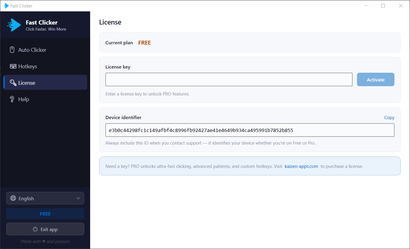 Kaizen Fast Clicker License screen with a license-key field, Activate button and device identifier