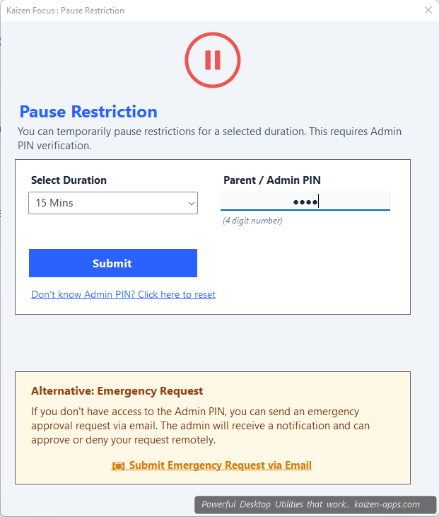 Kaizen Focus Pause Restrictions dialog