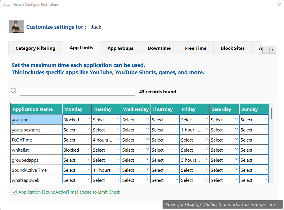 App limits with per-day configuration