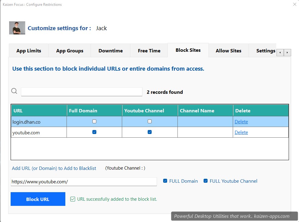 Kaizen Focus Block Sites interface with URL list