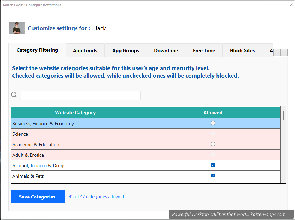Kaizen Focus Category Filtering
