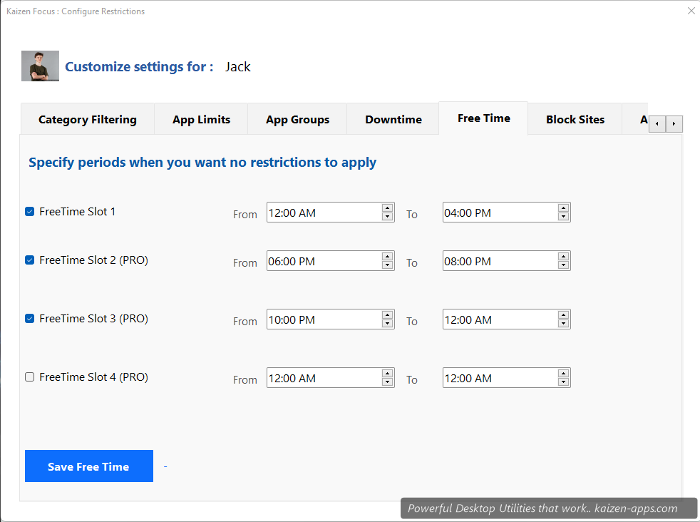 Free Time windows with allowed apps list