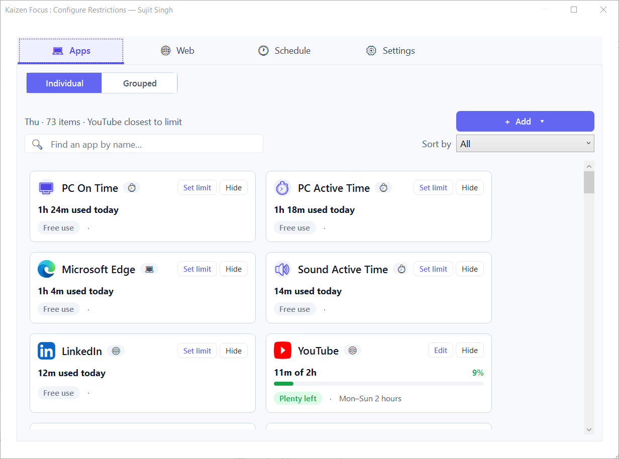 Kaizen Focus App Limits with per-day configuration