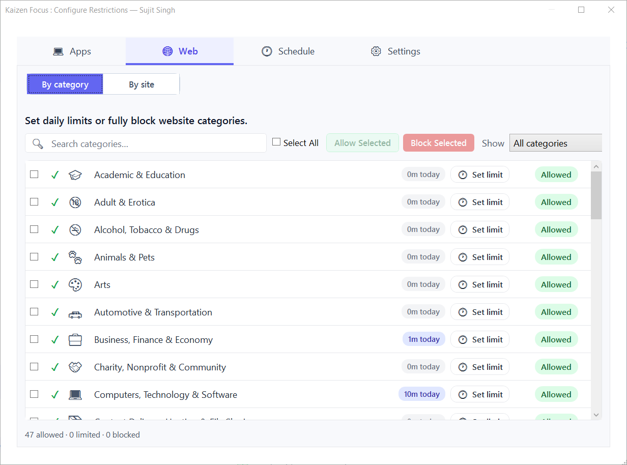 Kaizen Focus Block Sites interface with URL blocklist