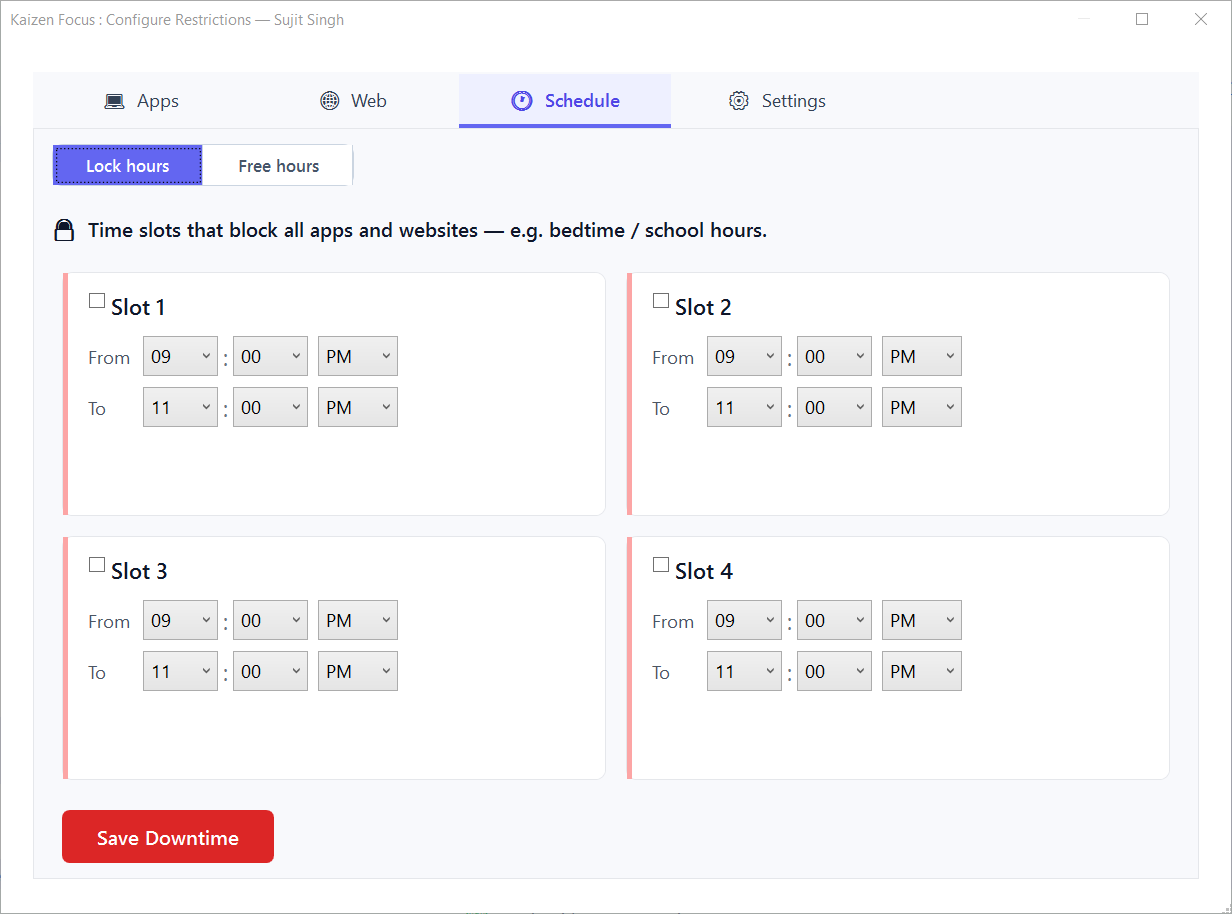 Kaizen Focus Downtime schedule configuration