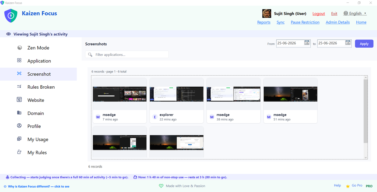 Kaizen Focus screenshot monitoring gallery