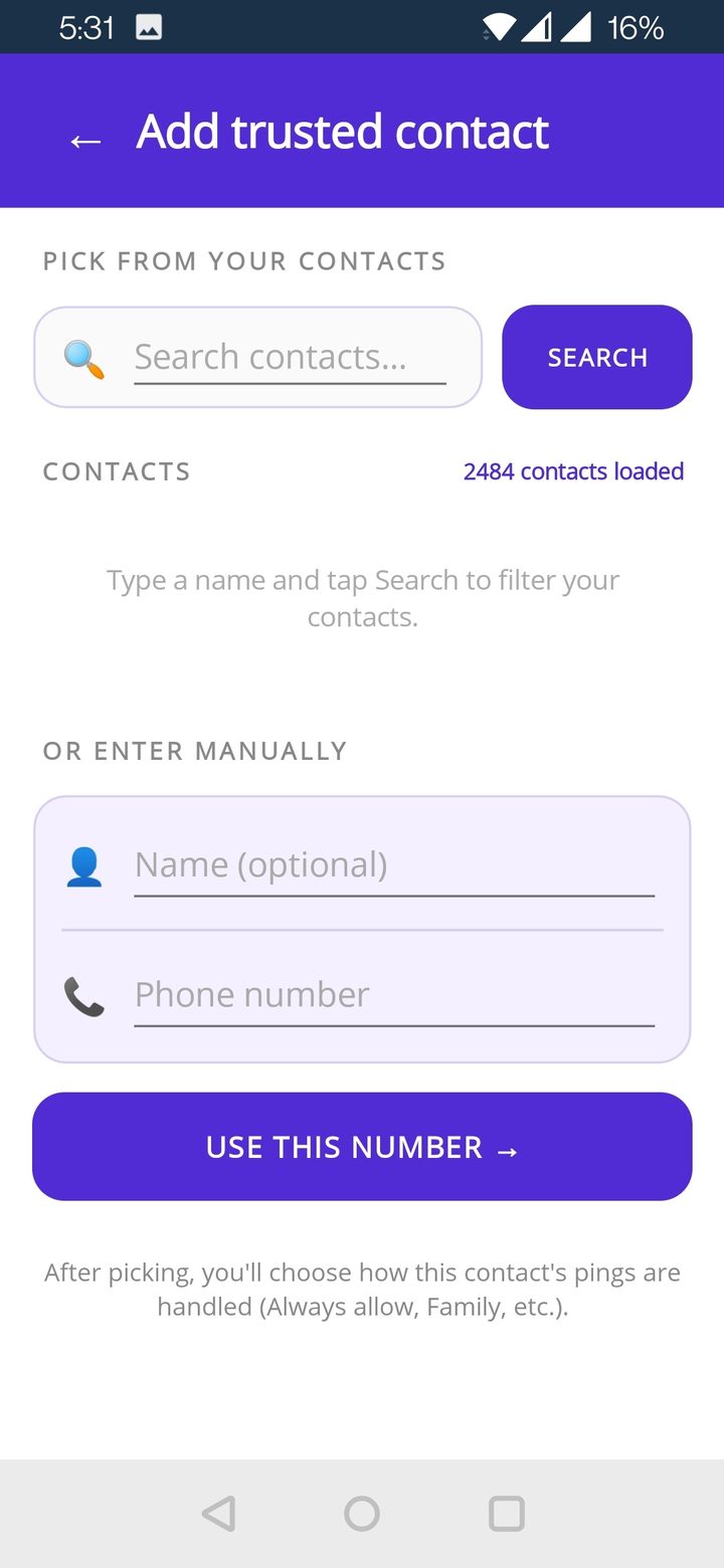 Add trusted contact screen with contact picker and manual entry