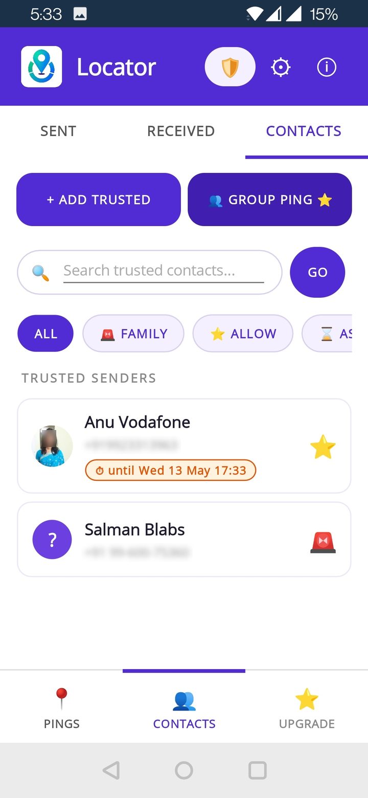 Kaizen Locator Contacts tab with trusted senders, FAMILY/ALLOW/ASK filter chips