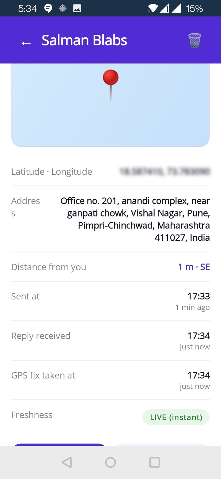 Ping detail with lat/long, address, distance, freshness LIVE