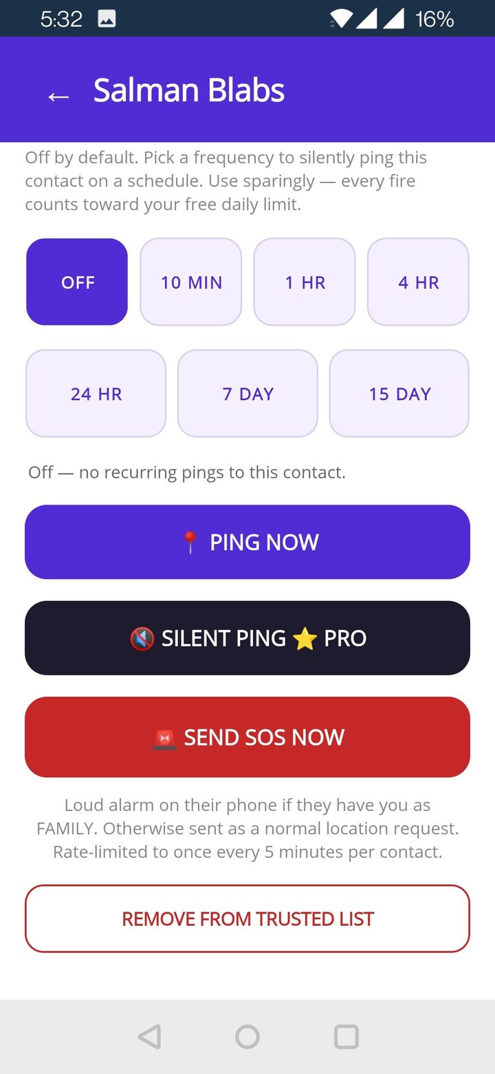 Per-contact policy: Ping Now, Silent Ping, SOS Now