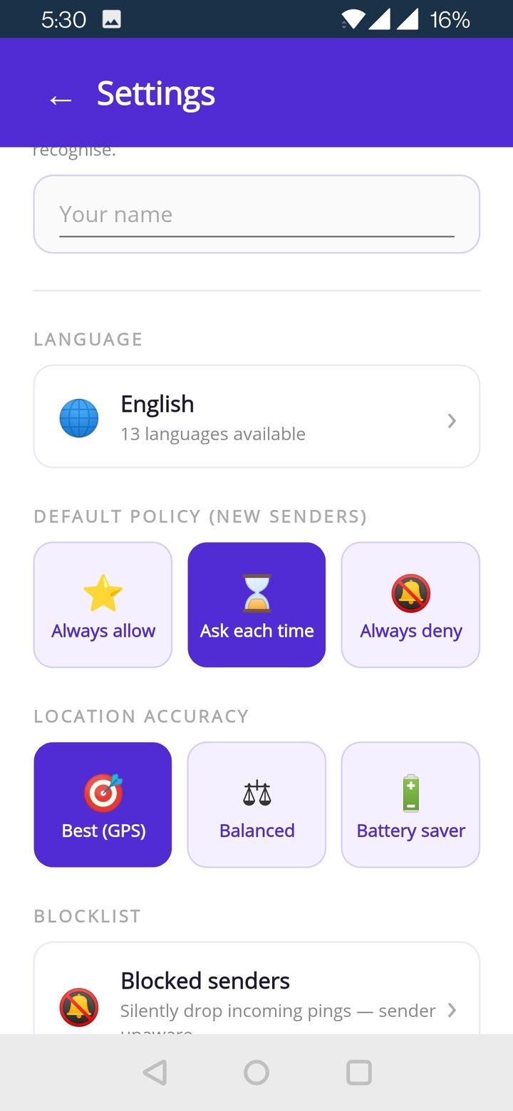 Settings page with Default Policy and Location Accuracy