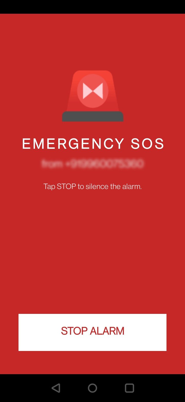 Emergency SOS full-screen RED alarm with STOP button