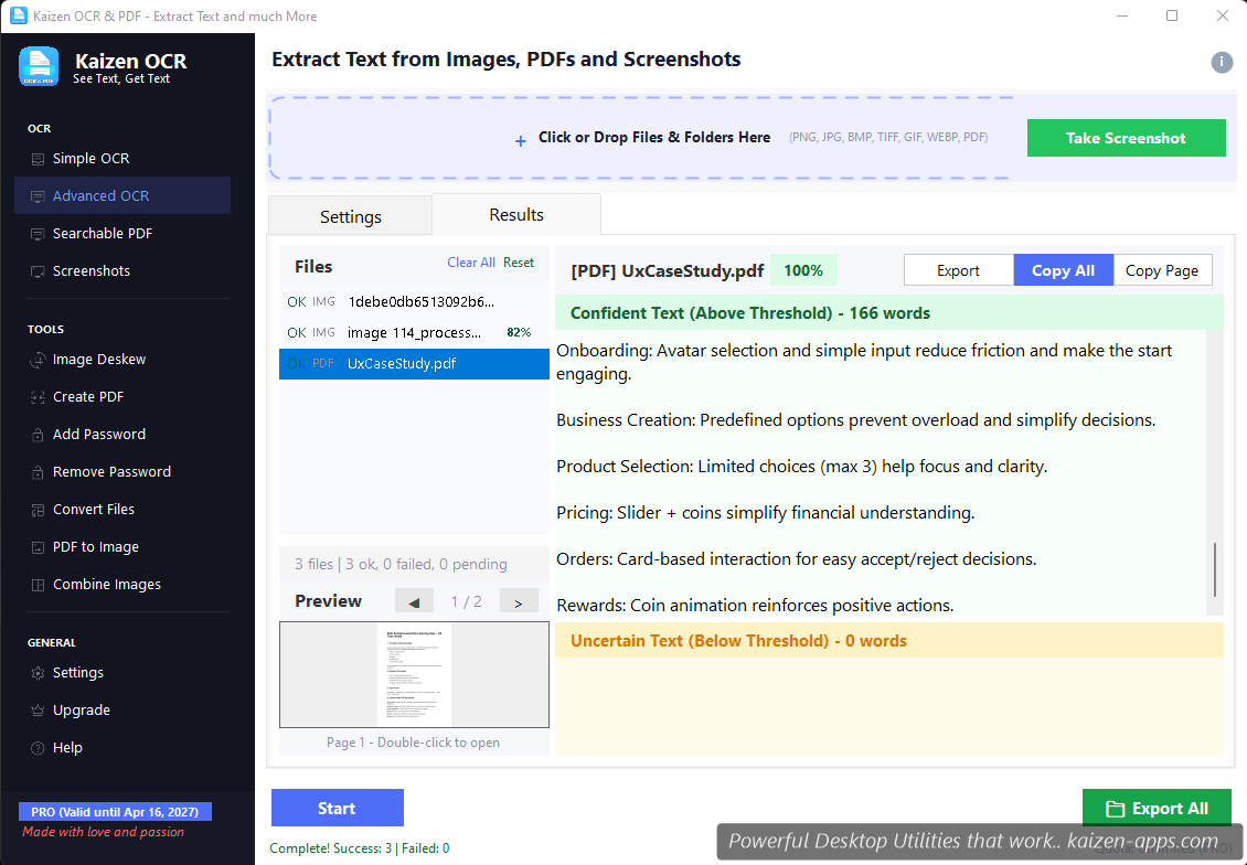 Advanced OCR interface with batch file list, preview, and confidence highlighting