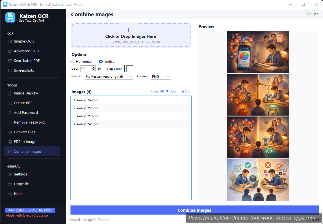 Combine images interface with source list and preview
