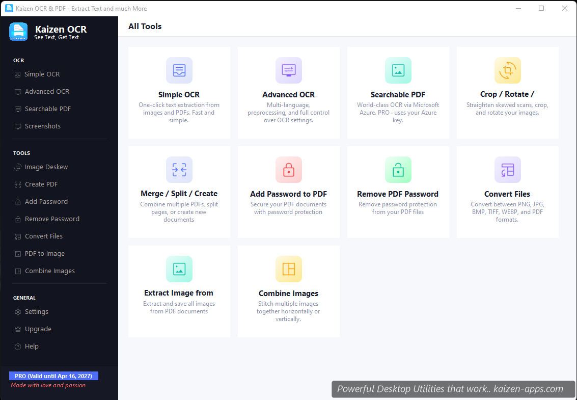 Kaizen OCR dashboard showing 13 feature tiles in a grid
