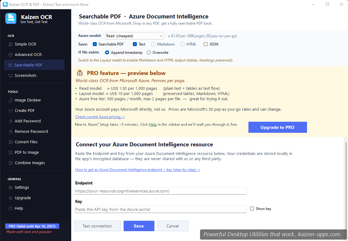 Searchable PDF interface with Azure model selector, output options, and API key fields