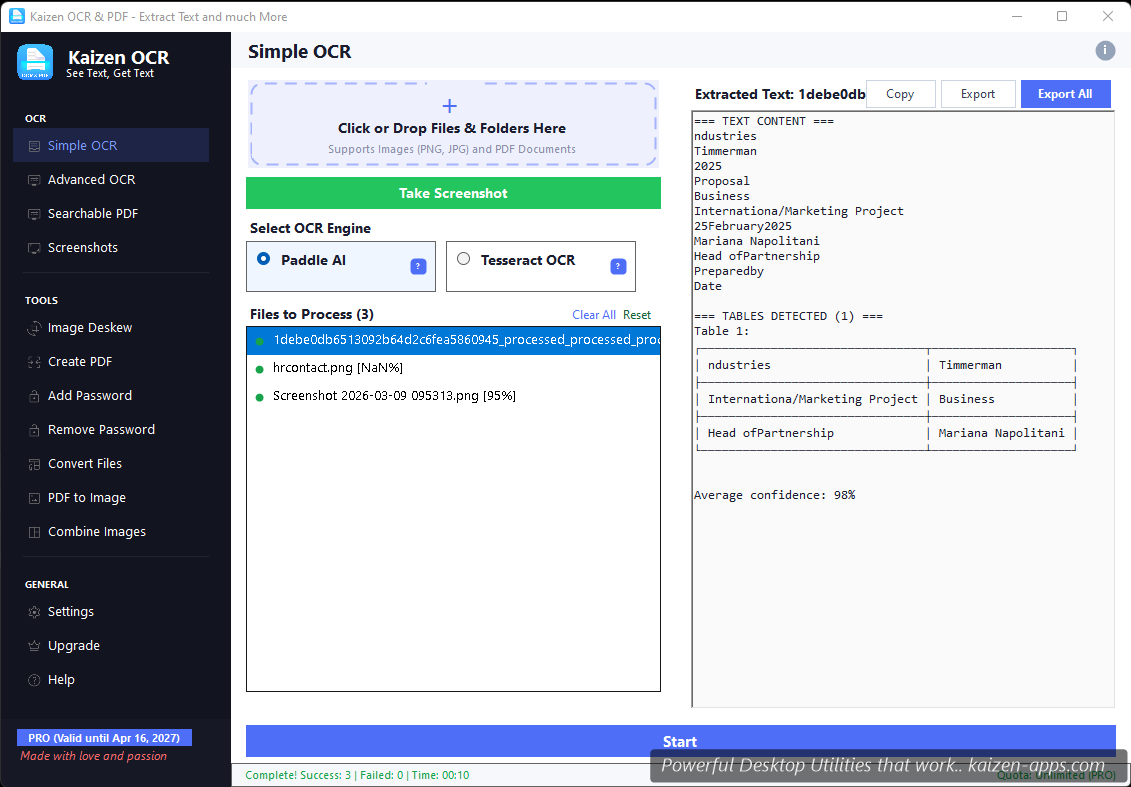 Simple OCR interface with drop zone, engine selector, and extracted text with confidence scores