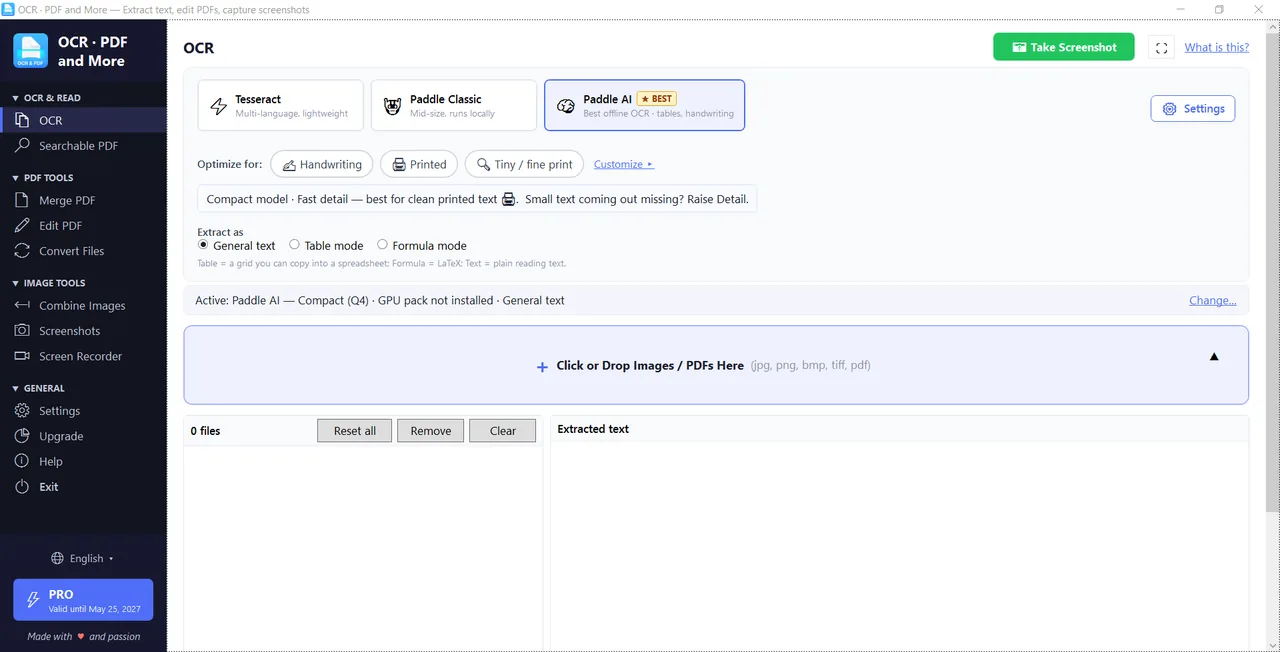 Kaizen OCR advanced view with engine picker, batch list and extracted text