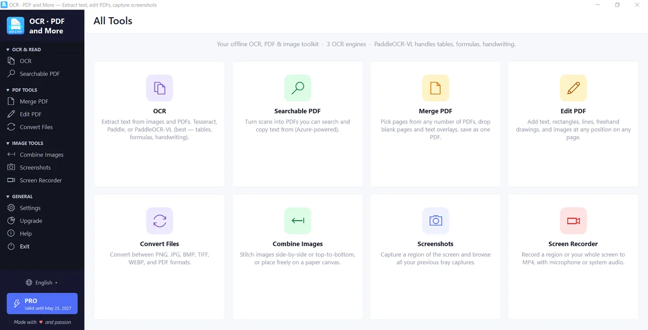 Kaizen OCR & PDF dashboard showing OCR engines, PDF tools, screenshots and screen recorder