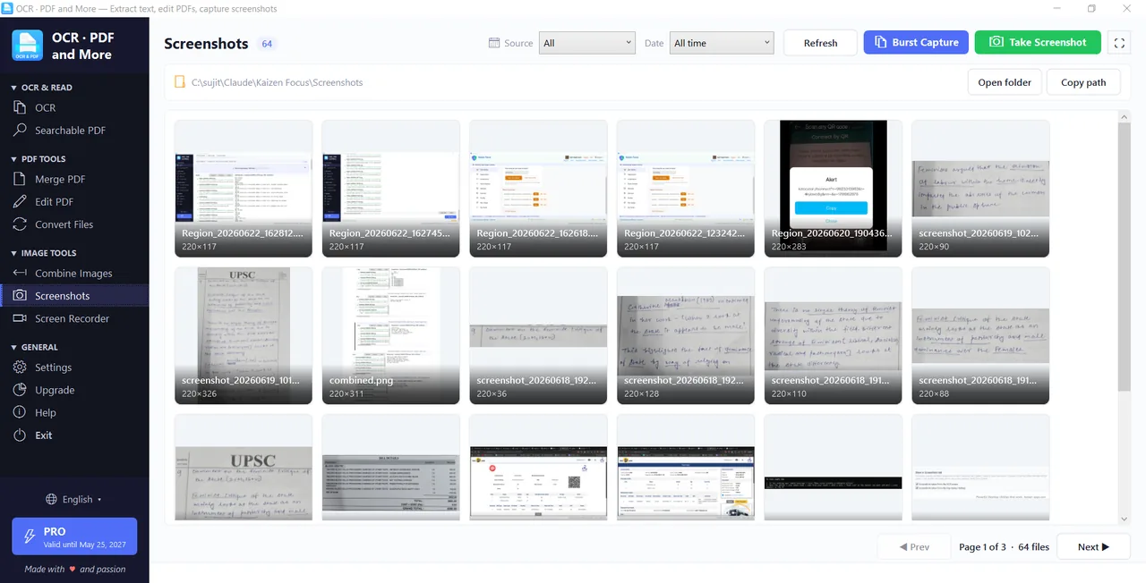 Kaizen OCR screenshot capture gallery and hotkey settings