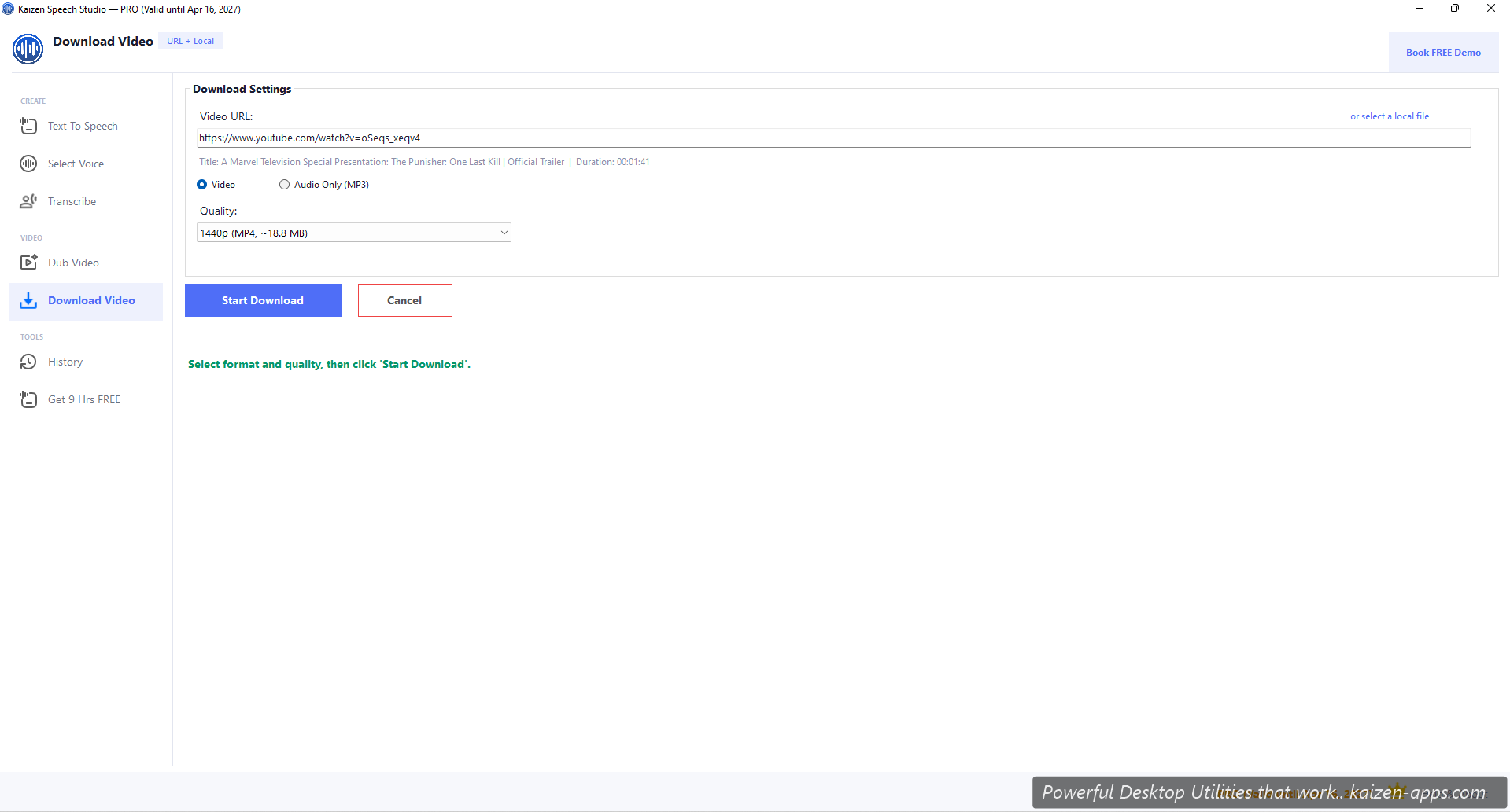 Download Video UI with URL input and quality selector