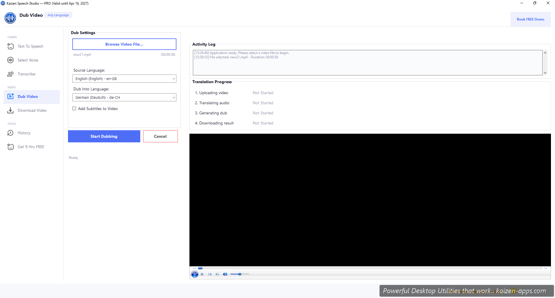 Dub Video UI with source/target language selectors and progress stages